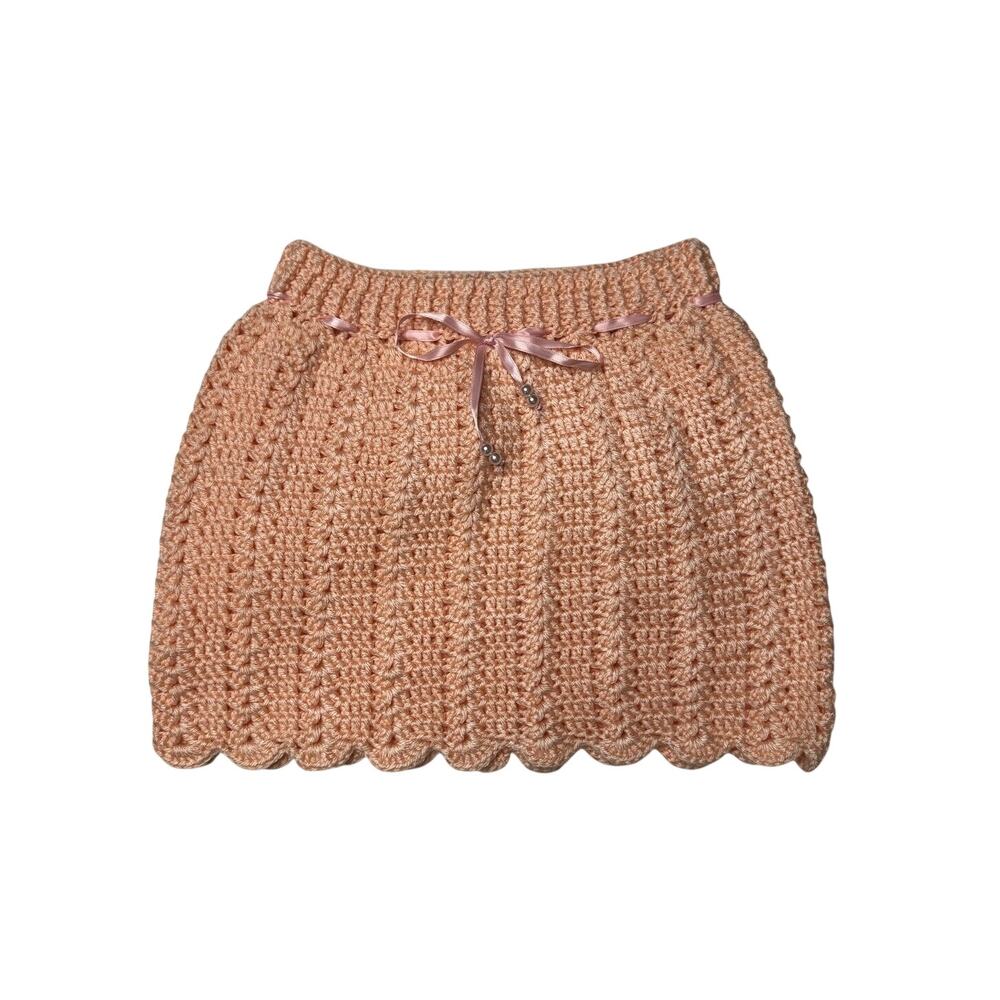 Handmade Peach Crochet Toddler Girls Skirt 4T-5T Scalloped Ribbon Pearl